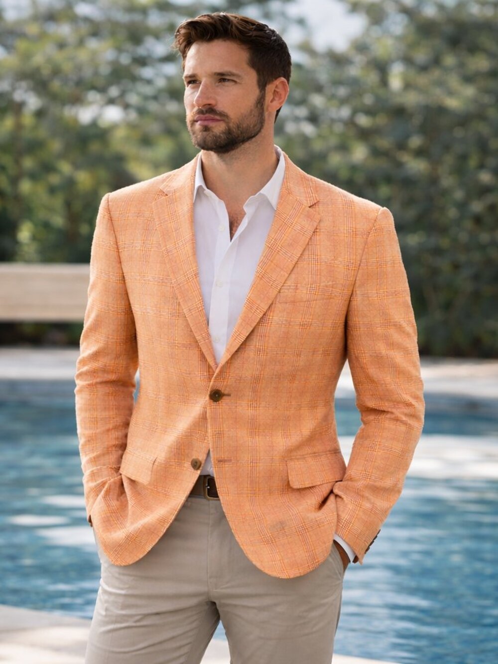 Kiton Cashmere Linen Designer Sport Coat 42R Orange Plaid Made In Italy EU 52